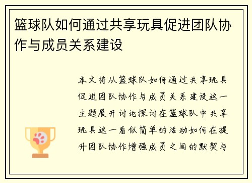 篮球队如何通过共享玩具促进团队协作与成员关系建设